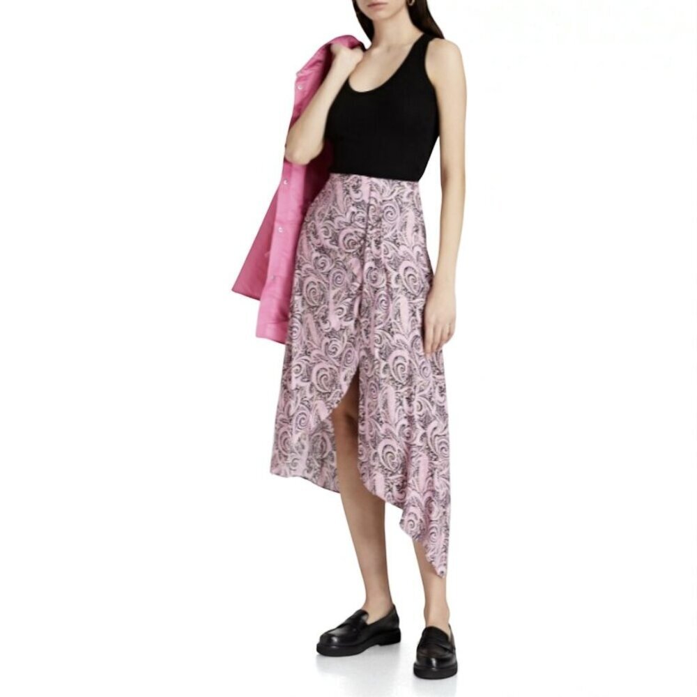 NWT Maje Asymmetric Printed Skirt Black Pink Viscose XL EU42 US10-12